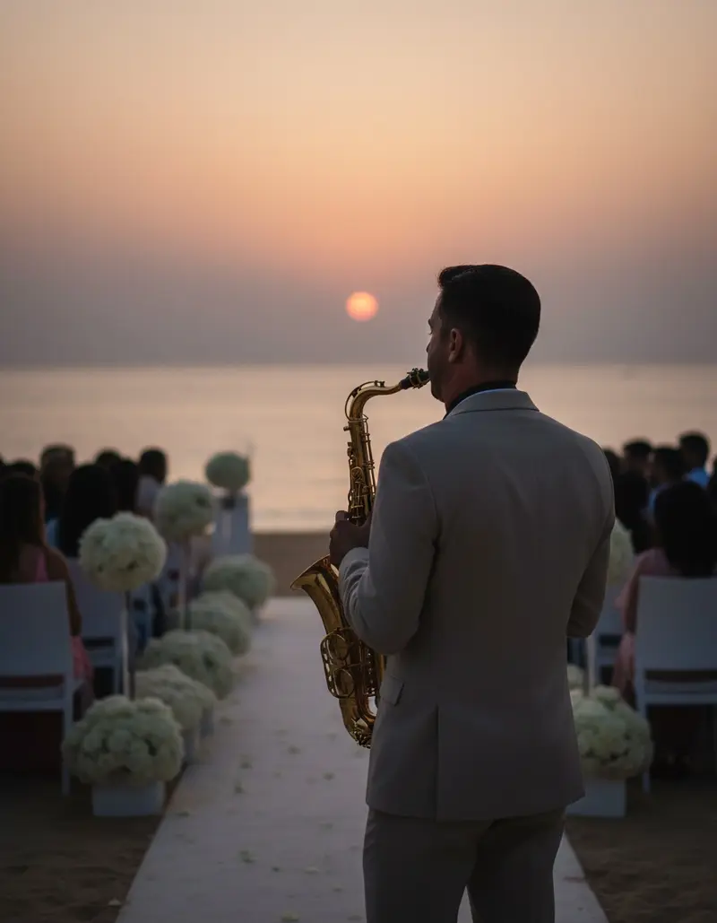 Wedding saxophonist playing at a beach ceremony in Dubai at sunset